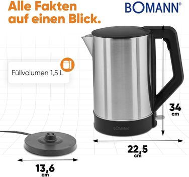 Електричний чайник Bomann WKS 3002 CB: 1,5 л, нержавіюча сталь, BPA Free, зручна кнопка, білий