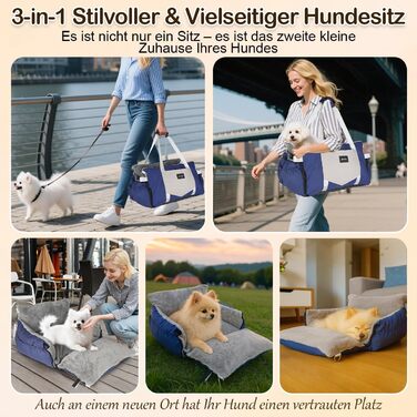 Автокрісло для собак 3-в-1 – переносна ліжко для маленьких собак, з розкладною поверхнею, м'яким матрацом, для переднього або заднього сидіння, внутрішнє та зовнішнє використання (04-Blau)