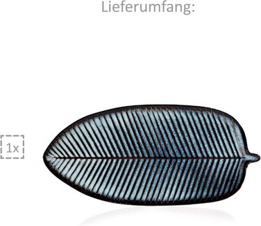 Singer | Tokio Serving Platter, Stoneware Serving Plate in Leaf Design, Oval Plate for Meat, Fish, and Snacks, Dishwasher Safe, Blue Snack Plate with Black Accents | PREMIUM COLLECTION