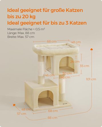Feandrea Cat Tree, 84 cm Cat Tree, L, Cat House for Large Cats up to 7 kg, Large Platform, 2 Cat Caves, Sisal Posts, PCT61W (XL (68 x 48 x 101 cm), Beige)