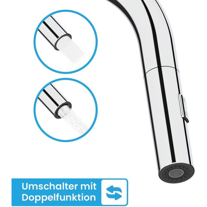 Кухонний змішувач Bächlein Plivo з нержавіючої сталі з висувним виливом, 360° обертання, для кухні, масивний, нержавіюча сталь