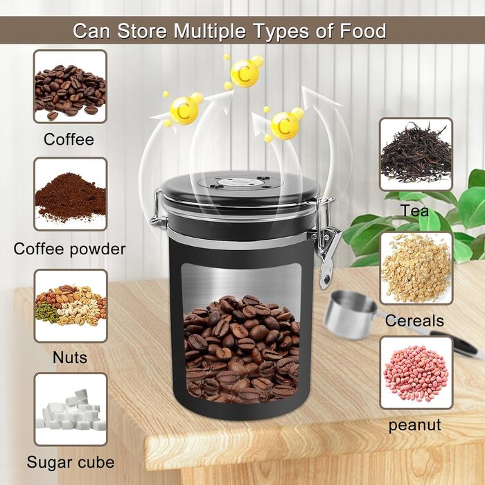 Герметичний контейнер для кави з нержавіючої сталі, 1,8L, з випускним клапаном, для кавових зерен, горіхів, какао (BK)