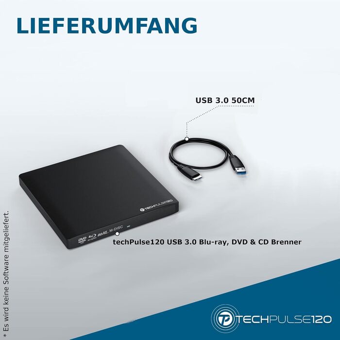 Зовнішній Blu-ray привід techPulse120 USB 3.0: 3D запис M-Disc, BDXL, DVD, CD, Slim дизайн, алюміній, чорний — для ноутбуків, ПК, Windows, MacOS, MacBook Pro Air