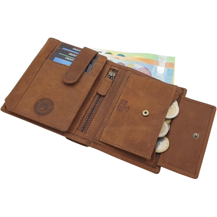 myledershop Genuine Buffalo Leather Wallet/Bifold/Cardholder/Money Clip in Portrait or Landscape Orientation with Wolf Motif and RFID & NFC Protection (Model 1 / Portrait/Cognac)