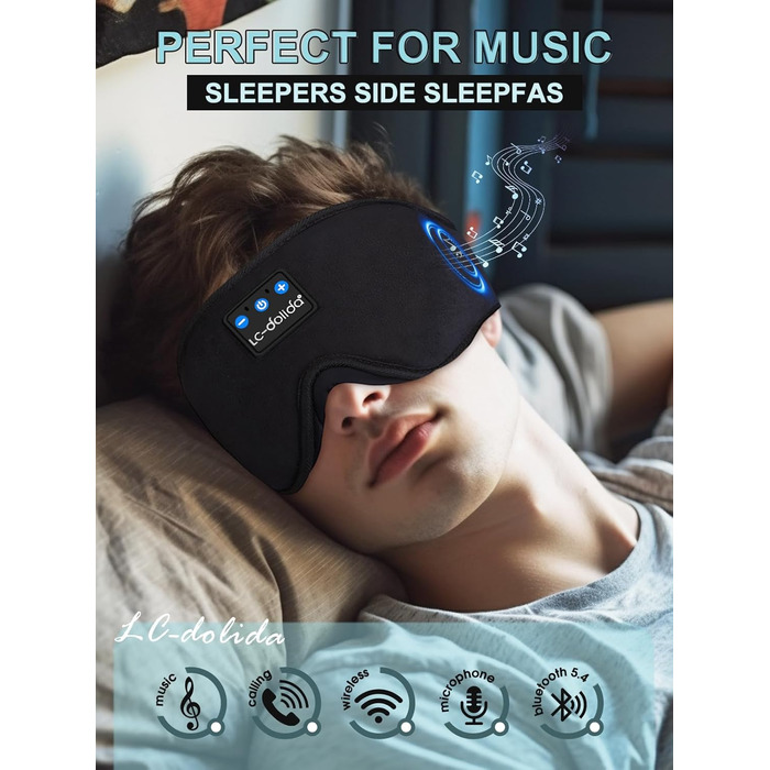 Маска для сну з навушниками Bluetooth V5.4, 3D маска для сну, дихаюча, для жінок та чоловіків, з мікрофоном, бавовняна, для подорожей, сну, йоги, медитації (чорна)