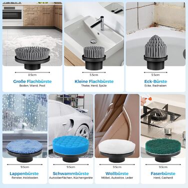Electric Cleaning Brush, Cordless Electric Cleaning Brush with 7 Interchangeable Drill Brush Heads, Mop Set, Electric Scrub Brush with Adjustable Handle for Bathroom, Kitchen, Car, Floor