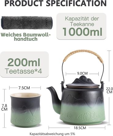 ZENS Design Japanese Teapot, 1000ml Gradient Embossed Japanese Teapot Ceramic with Built-in Strainer and Hemp Rope Handle for Loose Tea Steeper, Gift for Tea Lovers, Black & Bean Green (Black & Bean Green, 1000ml Teapot & 4 of 200ml Cups)