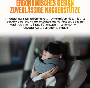 Подушка для шиї у літак, автомобіль: 100% бавовна та Memory Foam, легка та зручна, повний дорожній набір (маска для сну, беруші) - світло-сірий, класична модель