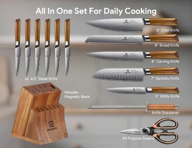 Набір кухонних ножів 15 предметів з дерев'яним блоком, сталь Damast, магнітний тримач, ножі для стейку - ідеальний подарунок