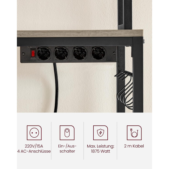 Стелаж кухонний VASAGLE з розетками, для мікрохвильової печі, з решіткою, 14 гачків, антрацит-чорний (40 x 80 x 170 см)