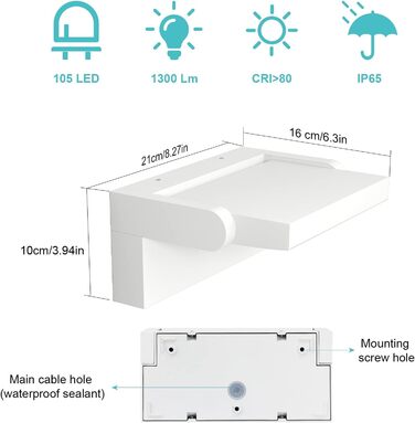 Klighten LED вуличне освітлення 24W: водонепроникна настінна лампа з поворотним LED-панелем, 1500 люмен, тепле світло 3000K для саду, тераси