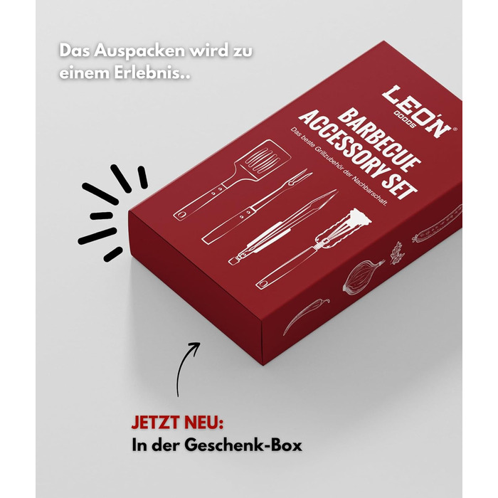 Набір гриль-посуду LEÓN Goods®: щипці, лопатка, виделка, щітка для гриля (4 шт.) з нержавіючої сталі та акації, для газових грилів. Ідеальний подарунок для гриля!