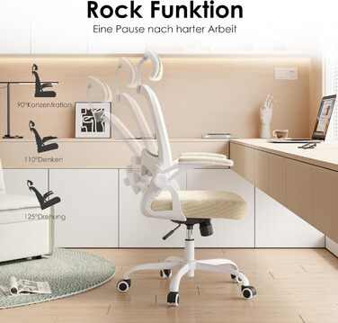 Ергономічне крісло Farini з регулюванням висоти, для офісу та дому, з підголівником, комп'ютерне крісло, до 150 кг, на роликах (білий-хакі)