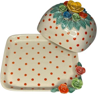 Ceramic Butter Dish with Lid, Colorful, Hand-Painted (Polka Dot Roses)