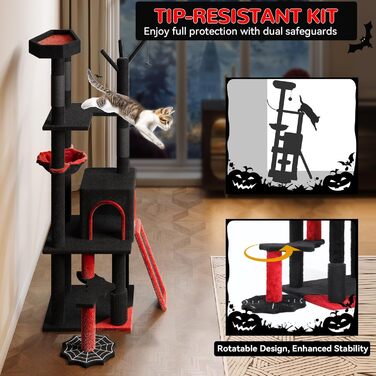 Кігтеточка YITAHOME Готичний XL, 160 см, з 4 колонами з сизалю, платформа для сну, гамак, кулі-іграшки, чорна