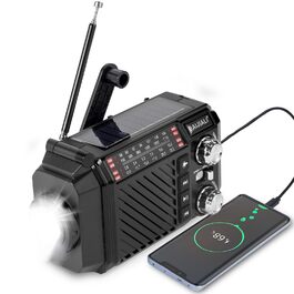 Радіо-приймач Kurbelradio з сонячною панеллю, Powerbank 2600mAh, AM/FM/SW, LED-ліхтарик та SOS-сигналом для надзвичайних ситуацій (Чорний)