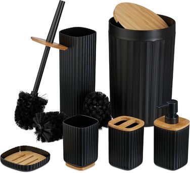 Набір для ванної кімнати Relaxdays, 6 предметів: аксесуари для ванної з пластику та бамбуку, повний набір, білий/натуральний (чорний/натуральний)