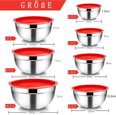 Homikit Mixing Bowl Set of 7, Stainless Steel Bowl Set, Salad Bowl with Airtight Lid for Cooking/Baking/Serving, Stackable, Versatile, Dishwasher Safe, 6.5/4.5/2.7/2.5/1.5/1.2/0.7L, Red