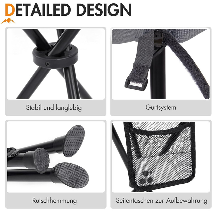 Складаний стільчик з кишенею Portal: легкий, міцний, для риболовлі, кемпінгу та пікніків (сірий)