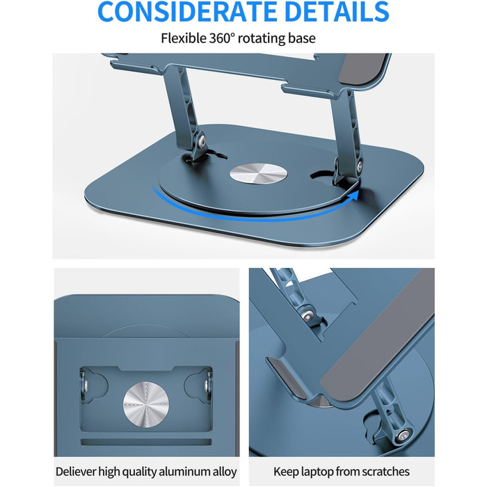 Adjustable Laptop Stand with 360° Swivel Base - Stable Ergonomic Foldable Laptop Riser for Desk - Compatible with MacBook Pro/Air & Notebooks up to 16 inches (Navy Blue)