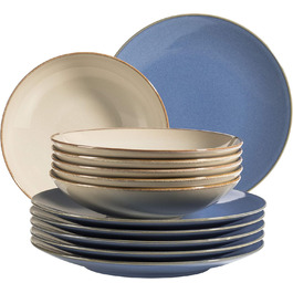 MÄSER 931873 Ossia Dinnerware Set for 6, Mediterranean Vintage Style, 12-piece modern tableware set with soup plates in sand-gray and dinner plates, stoneware, sand-gray/light blue sand-gray / light blue
