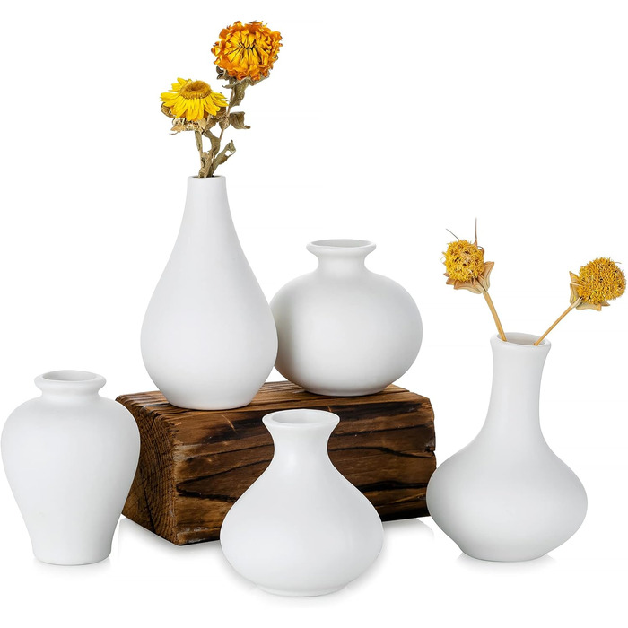 Set of 5 Small White Ceramic Vases - Mini Handmade Vases for Pampas Grass & Flowers - Modern Home Decor for Living Room, Kitchen, Office & Table