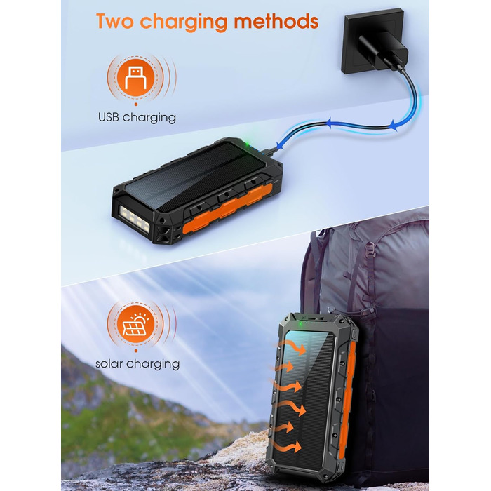 Портативний зарядний акумулятор 52800 mAh з сонячною зарядкою та бездротовою зарядкою, водонепроникний, 5 виходів, 3 входи, ліхтарик, карабін, QC 30W та USB-C PD 20W для мобільних телефонів (Оранжевий)