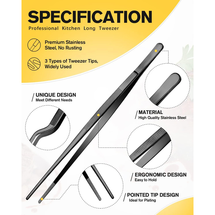 Набір кухонних пінцетів 10 дюймів, професійний, нержавіюча сталь, чорний. Для приготування, декорування та BBQ
