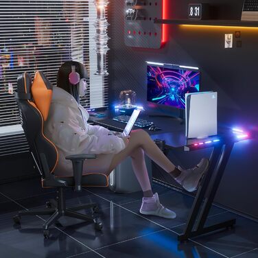 Ігровий стіл HLONONE 140x60 см з LED-підсвіткою, комп'ютерний стіл з вуглецевим покриттям, гачком для навушників і підставкою для напоїв, чорний