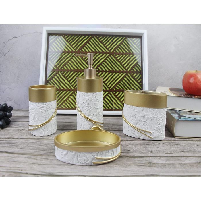 Набір аксесуарів для ванної кімнати Hymmah, золотий дизайн, 4 шт. (тримач для зубних щіток, мильниця, дозатор мила, Calla Gold)