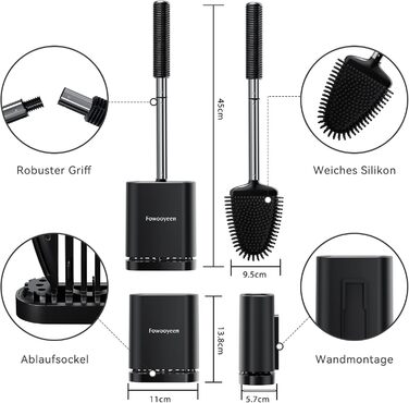 Набір щіток для унітазу Fowooyeen: 2 шт., чорний, без свердління, з тримачем, силікон, плоска головка у формі серця