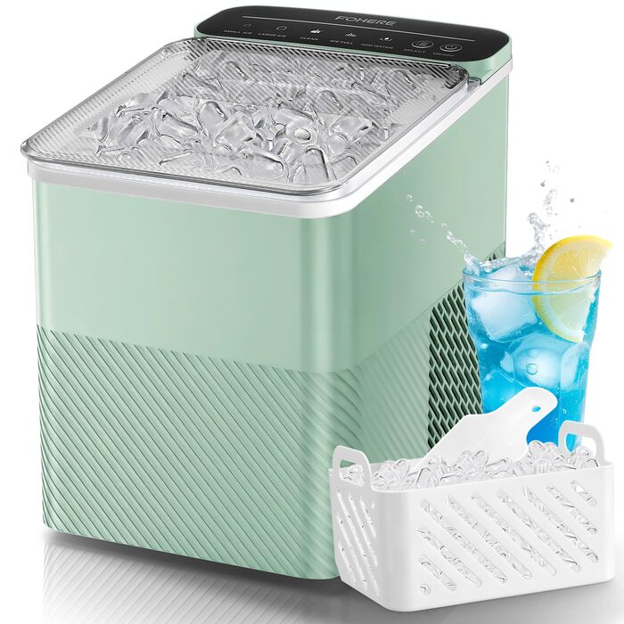 Портативна машина для льоду FOHERE – самоочисна, 14 кг/24 год, 2 розміри, компактний дизайн, 1 кнопка, інтелектуальні попередження, з лопаткою та кошиком для дому/бару/офісу/кемпінгу (зелена)