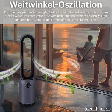 Вентилятор підлоговий Echos Turmventilator з пультом, HEPA-фільтром, таймером 24 год, тихий, енергоефективний
