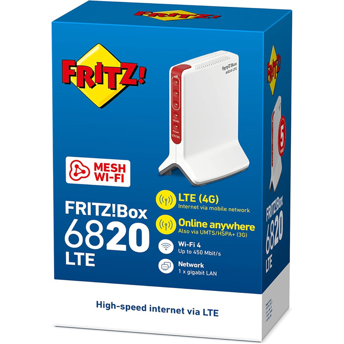 Роутер FRITZ!Box 6820 LTE International: LTE (4G/3G), Wi-Fi N 450 Мбіт/с, Gigabit LAN, для Австрії/Швейцарії
