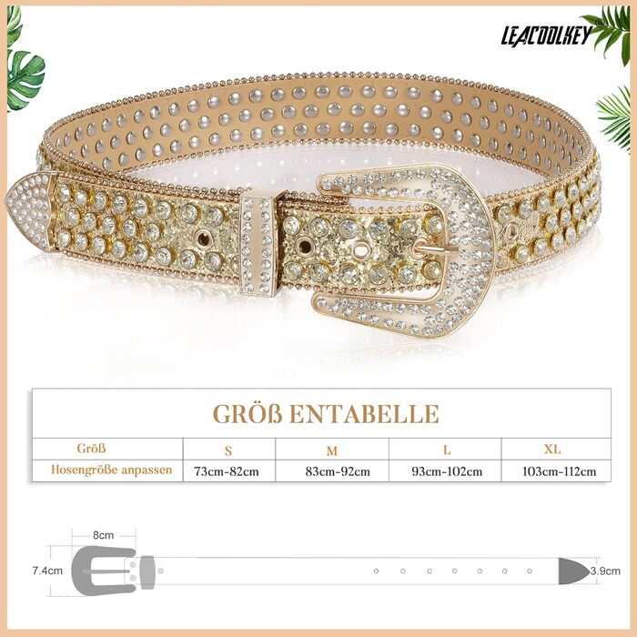 LEACOOLKEY Ремінь зі стразами для чоловіків та жінок, блискучий вестерн кантрі ковбойський ремінь з пряжкою золотого кольору, для джинсів, штанів, суконь. Розмір S: 73-82 см (загальна довжина 105 см)