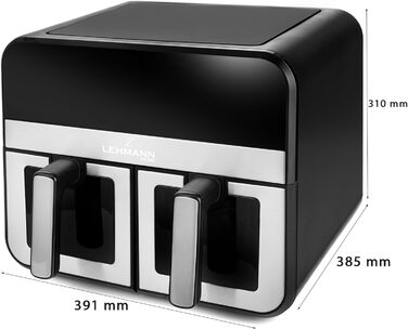 Фритюрниця повітряна LEHMANN з 2 камерами, 9л, 2400 Вт, AirFryer XXL з 12 програмами, до 200°C, WiFi, без олії, з технологією Air Fry – гриль, випічка, ферментація, дегідратація