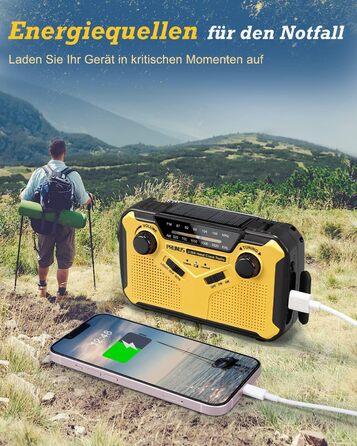 Радіо PRUNUS J-369: FM/AM, сонячне, з ручним заводом, Power Bank 3000mAh, SOS, ліхтарик для кемпінгу та надзвичайних ситуацій [Зелене] (Чорний та жовтий)