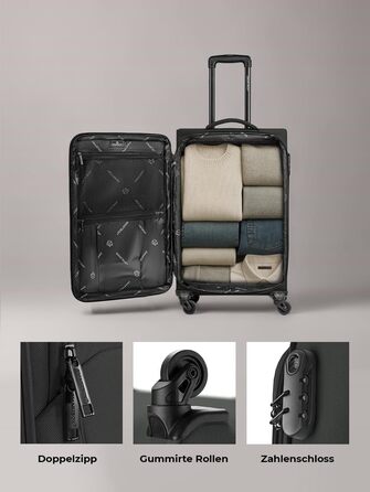 Набір валіз SMARTBOX 3 шт. для жінок та чоловіків | Легкі та міцні валізи-ролери, якісний softcase, 4 колеса та кодовий замок | Розширювані валізи (Чорний колір, валіза M (67 см))