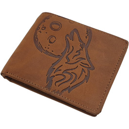 myledershop Genuine Buffalo Leather Wallet/Bifold Wallet/Card Holder/Money Bag in Portrait or Landscape Format with Wolf Design and RFID & NFC Protection (Model 2 / Landscape/Cognac)