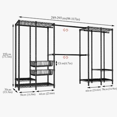 Важкий металевий вішак для одягу, розширюваний відкритий шафа для одягу з 2 висувними кошиками, (249-297) x 40 x 192 см (Чорний)