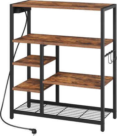 HOOBRO Поличка кухонна з розеткою (3 розетки з вимикачем), підлогова, для мікрохвильової печі з 3 знімними S-гачками, 5 ярусів, для кухні та вітальні, вінтажний коричневий та чорний колір, EBF25CHB01
