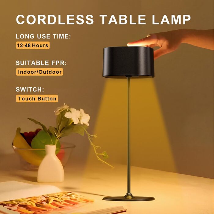 Акумуляторний LED настільний світильник з димером, 2 шт. Бездротовий сенсорний світильник USB-C, металевий, водонепроникний (IP54), 5600mAh, 5W, чорний