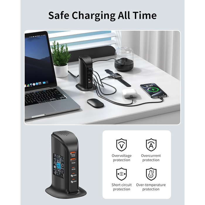 Зарядний пристрій USB-C 55W багатопортовий для iPhone, iPad, Samsung та інших пристроїв - Вежа USB-станція з 5 портами