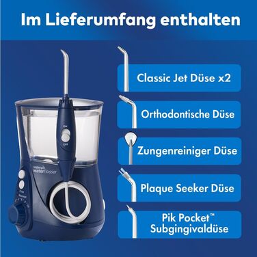 Waterpik Ultra Professional: Іригатор для порожнини рота, тестування 2024, технологія Precision Pulse, сертифікат TÜV, видалення нальоту до 99,9%, 7 насадок, 10 режимів, таймер, блакитний
