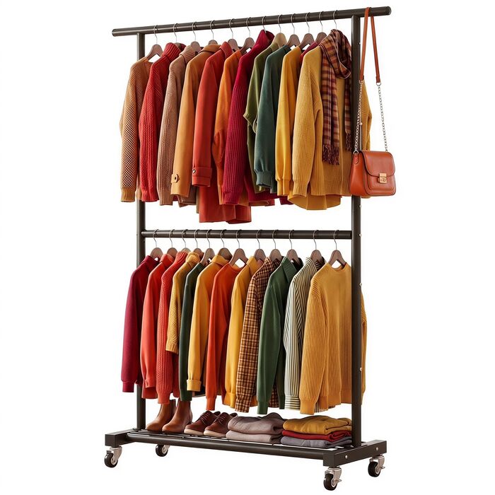 Вішалка-гардероб Sywhitta з подвійним штангом та полицею-сіткою для одягу, пальників та спідниць, чорна
