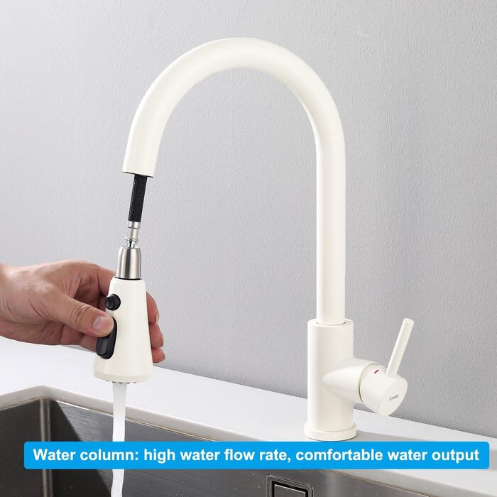 Кухонний змішувач з висувною лійкою, 3 режими, поворотний 360°, високий тиск, для кухні, матовий золотий (білий)