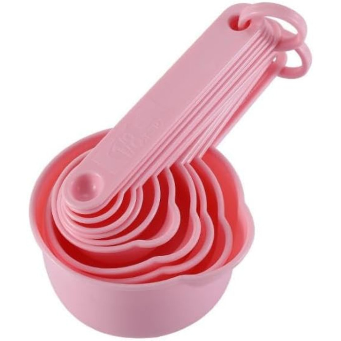 Measuring cup and spoon set, 11-piece plastic measuring cup and spoon set for dry and liquid ingredients, 5 measuring cups and 6 measuring spoon set for kids for cooking and baking, color: Pink