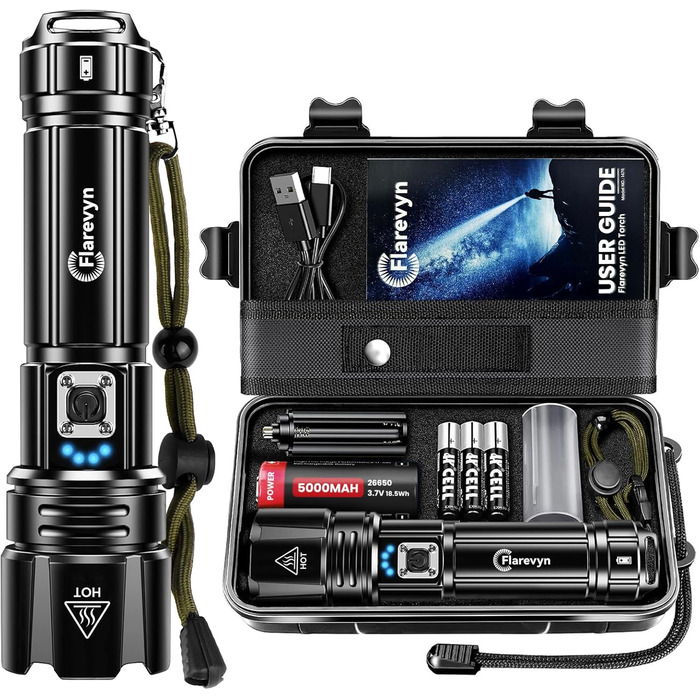 Потужний ліхтарик LED - 1000000 люмен, акумулятор 5000 mAh, IP67 водонепроникний, 5 режимів, для кемпінгу/походів/відпочинку на природі/надзвичайних ситуацій