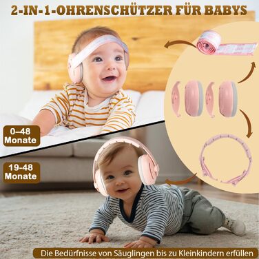 Навушники для захисту від шуму для малюків та дітей до 48 місяців - захист від шуму, регульоване антиковзне обруч, захист від пошкодження слуху, покращує сон (Рожевий)