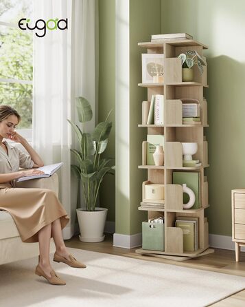EUGAD Swivel Bookshelf Room Divider Standing Shelf Rotating Shelf Office Shelf Decorative Shelf 360° Freely Swivelable with 4 Levels MDF 39.5x128x39.5 cm 4 Levels (39.5W x 128H x 39.5D cm) (5 Levels (40W x 155H x 40D cm), Light Oak)